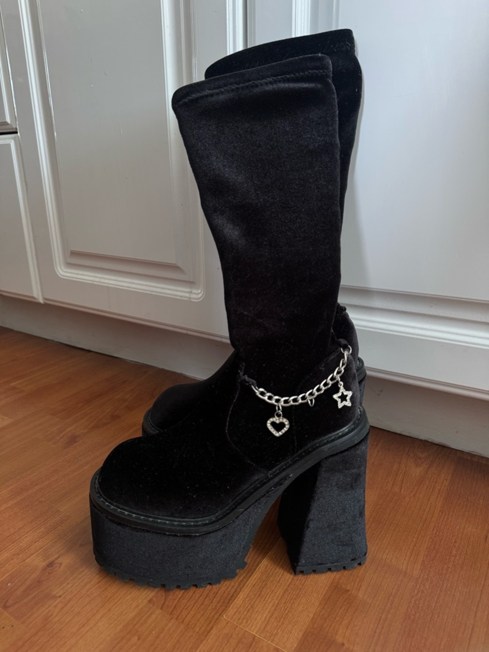 Black Velvet Platform Knee-High Boots with Silver Charm Chain